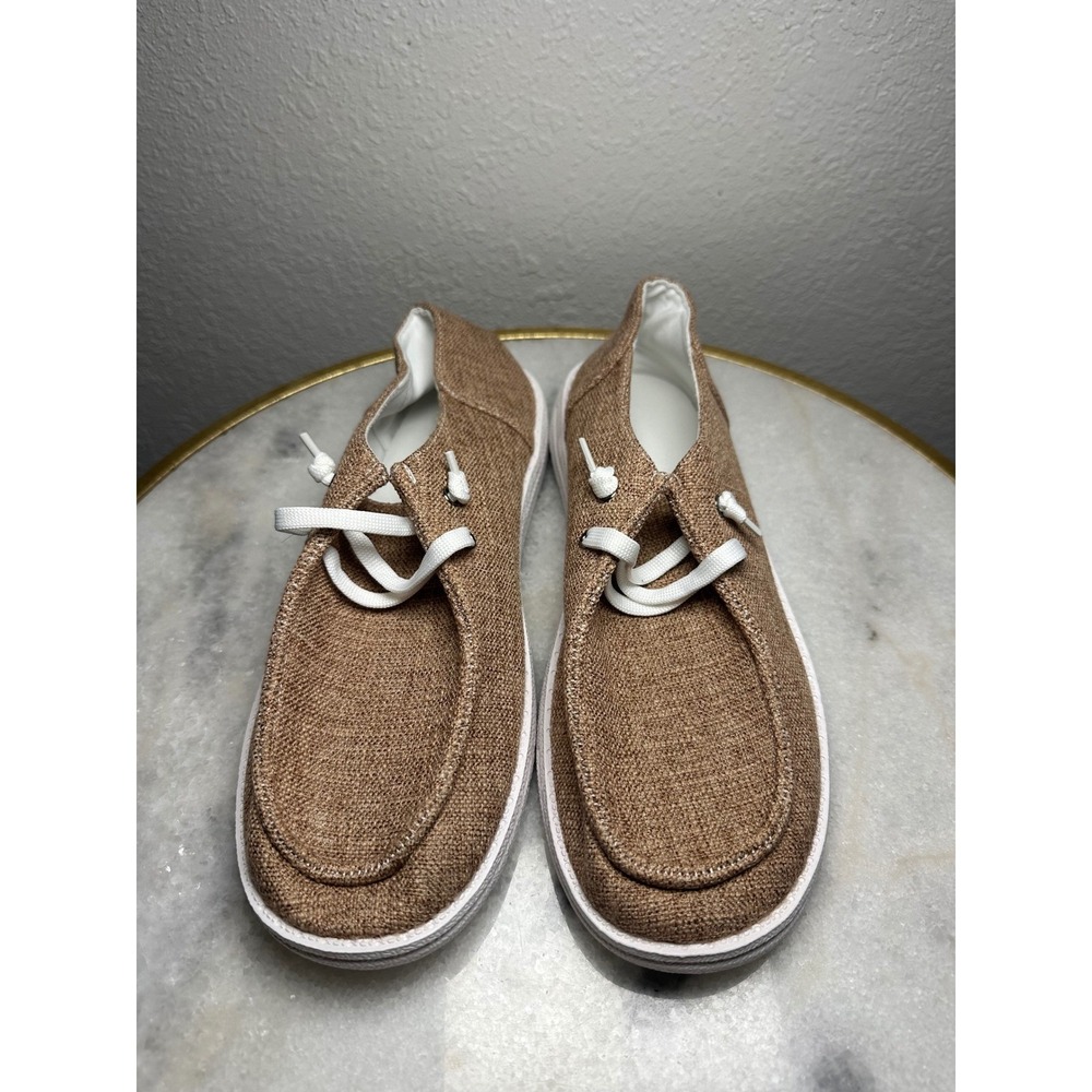 Womens Khaki Linen Slip On Loafers‎ Casual Moc Toe Walking Shoes Size
